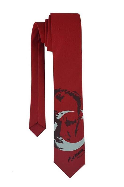 Atatürk Portrait and Moon and Star Patterned Red Woven Tie