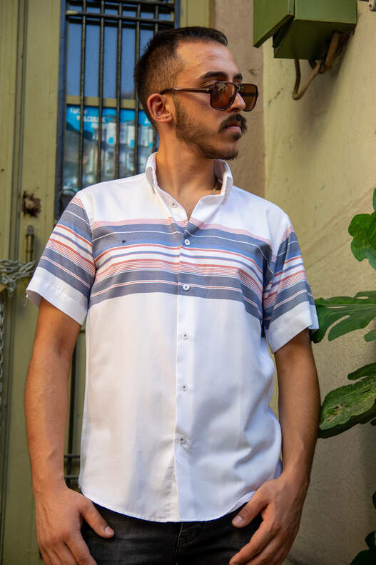 Blue Panel Pattern Short Sleeve Shirt