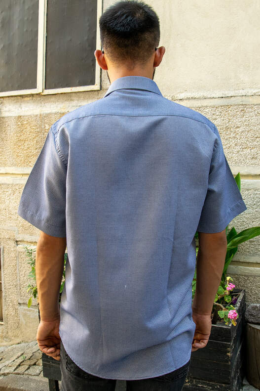 YILDIZ Navy Blue Grey Patterned Short Sleeve Shirt