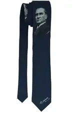 Atatürk Portrait and Signature Patterned Navy Blue Woven Tie