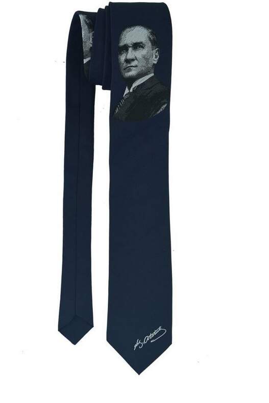 Atatürk Portrait and Signature Patterned Navy Blue Woven Tie