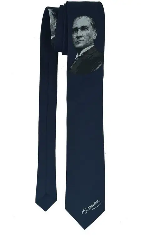 Atatürk Portrait and Signature Patterned Navy Blue Woven Tie