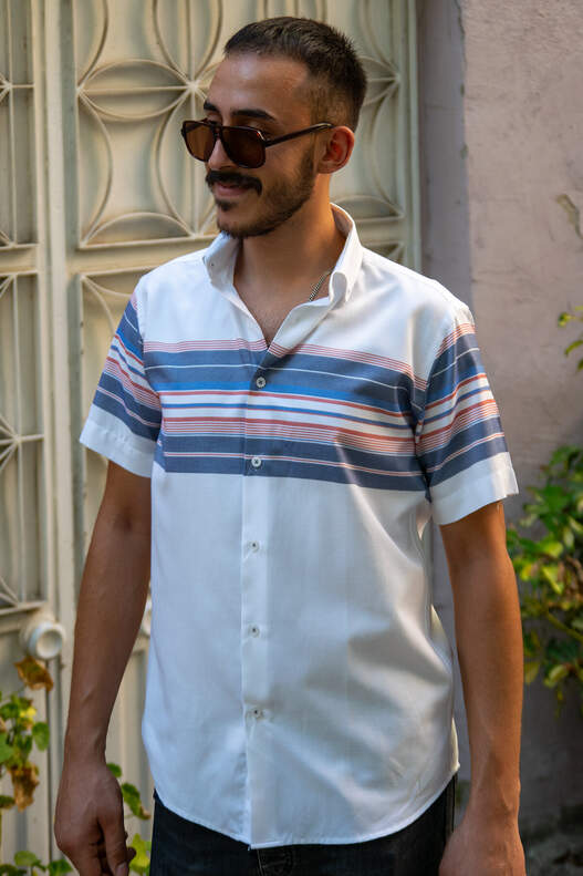 Blue Panel Pattern Short Sleeve Shirt