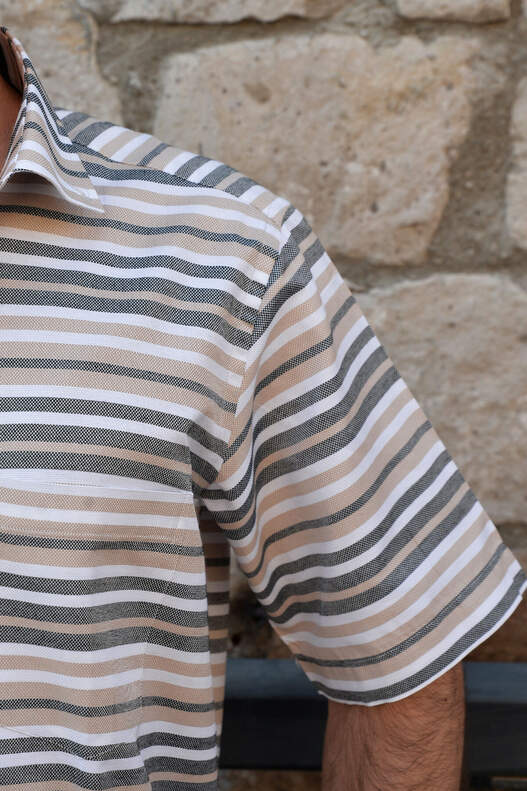 Yıldız Light Brown/Black/White Striped Short Sleeve Men's Shirt