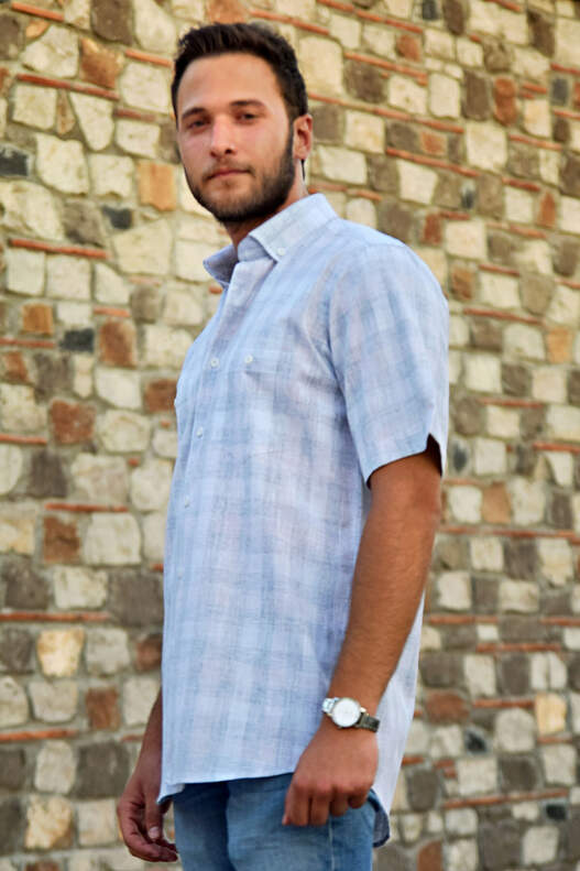 Yıldız Pink-Cream-Grey Short Sleeve Men's Shirt