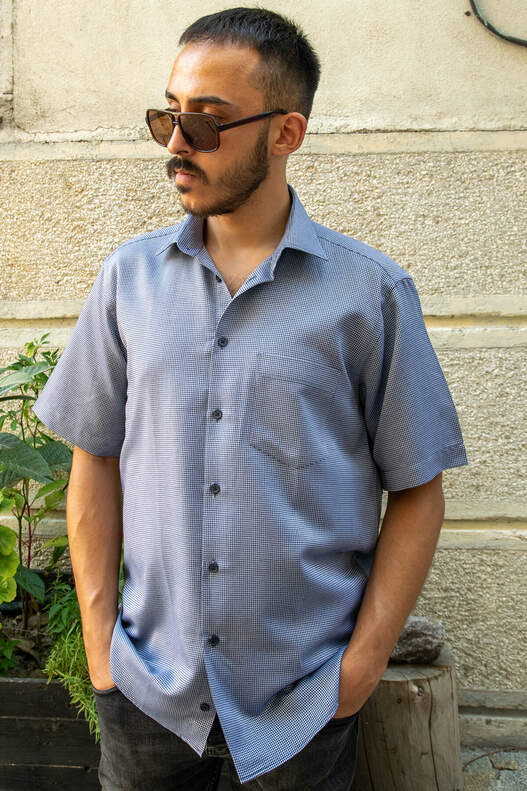 YILDIZ Navy Blue Grey Patterned Short Sleeve Shirt