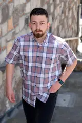 YILDIZ Cream Navy Blue Check Short Sleeve Shirt