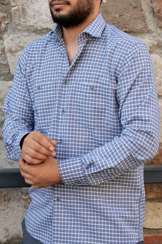 Yıldız Seasonal White Navy Blue Checked Long Sleeve Men's Shirt