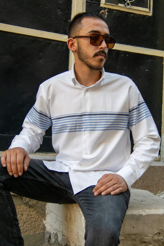 YILDIZ Blue Navy Blue Panel Pattern Long Sleeve Shirt