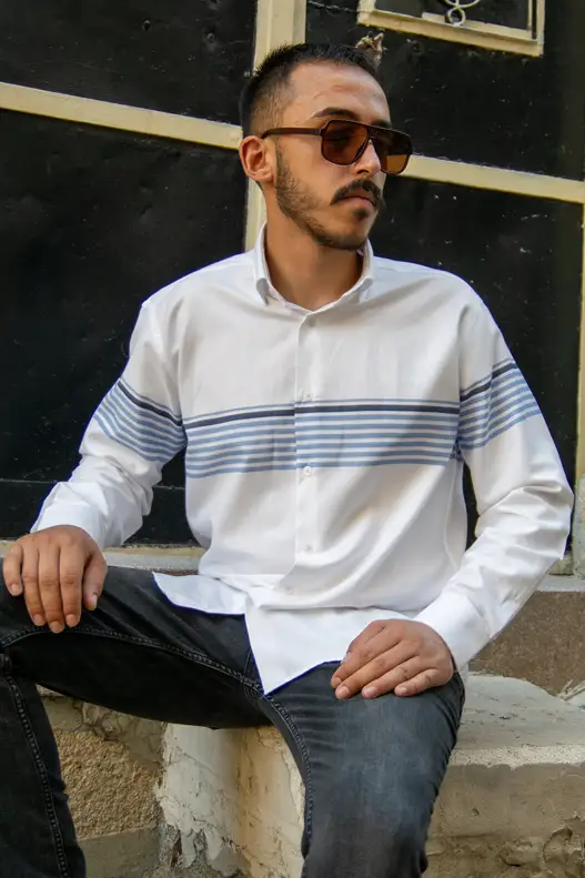 YILDIZ Blue Navy Blue Panel Pattern Long Sleeve Shirt